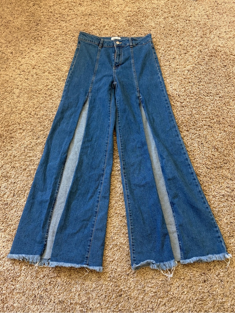 Two-Tone Dark Blue Wide-Leg Flare Jeans for Women